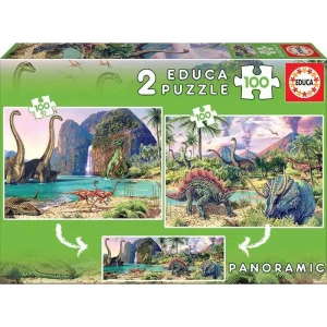 Puzzle Dinosaurios Educa – Set de 2 Puzzles Panorámicos de 100 Piezas – Mundo Jurásico para Niños