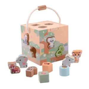 Cubo encajable de madera con figuras de animales – Juguete educativo infantil con asa