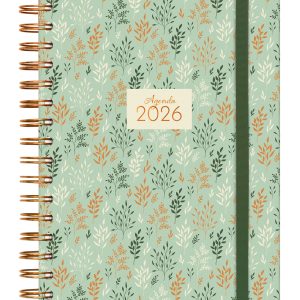 Agenda 2026 con espiral y goma elástica – Diseño floral verde, tamaño compacto