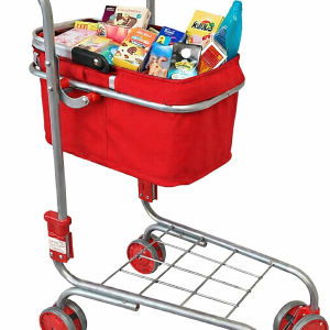 Carrito de la compra infantil metálico con cesta roja – Juguete de supermercado realista con ruedas Tanner